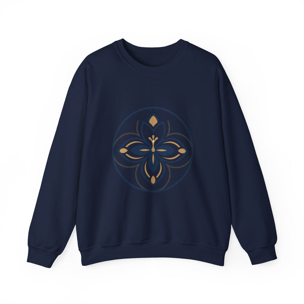 Floral Mandala Crewneck Sweatshirt — Elegant Navy & Gold Geometric Flower Design