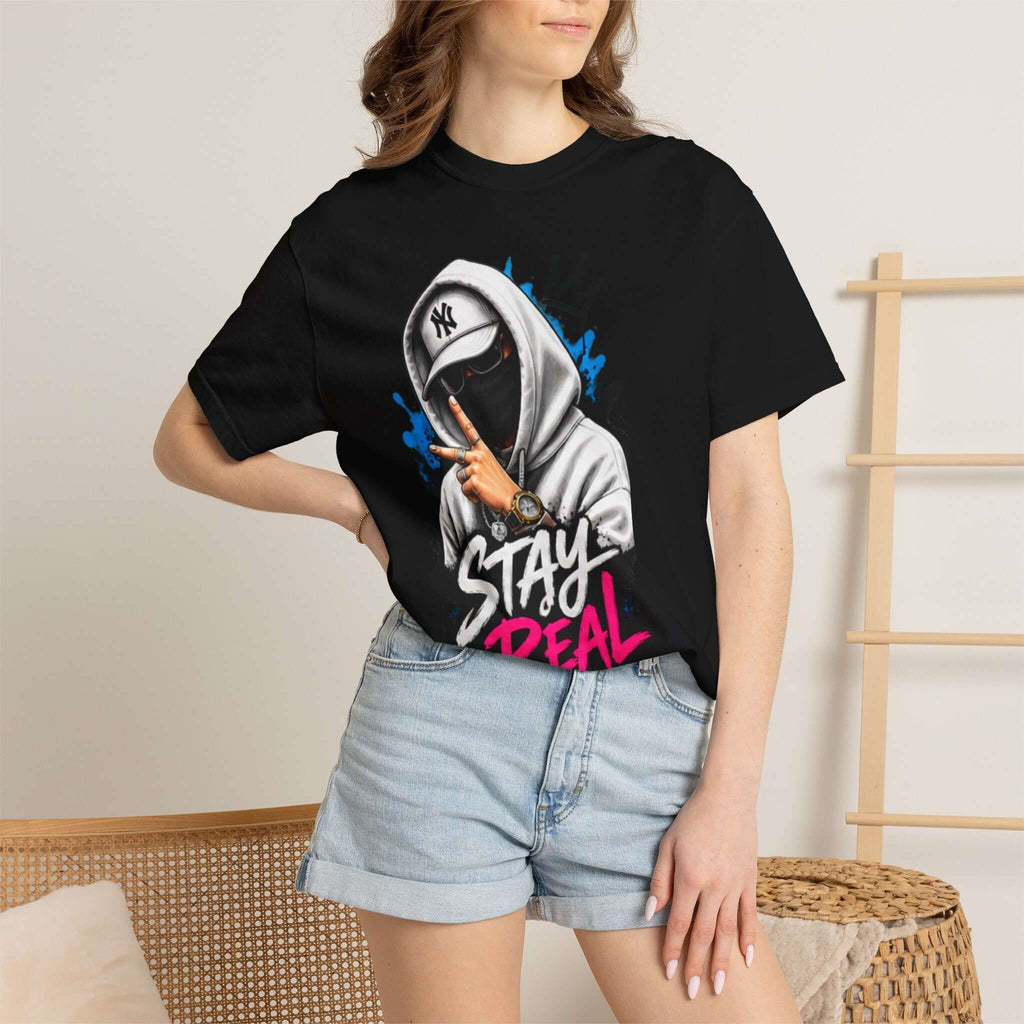 Unisex Garment-Dyed T-shirt featuring a graphic design with a stylish character in a hoodie and shorts.