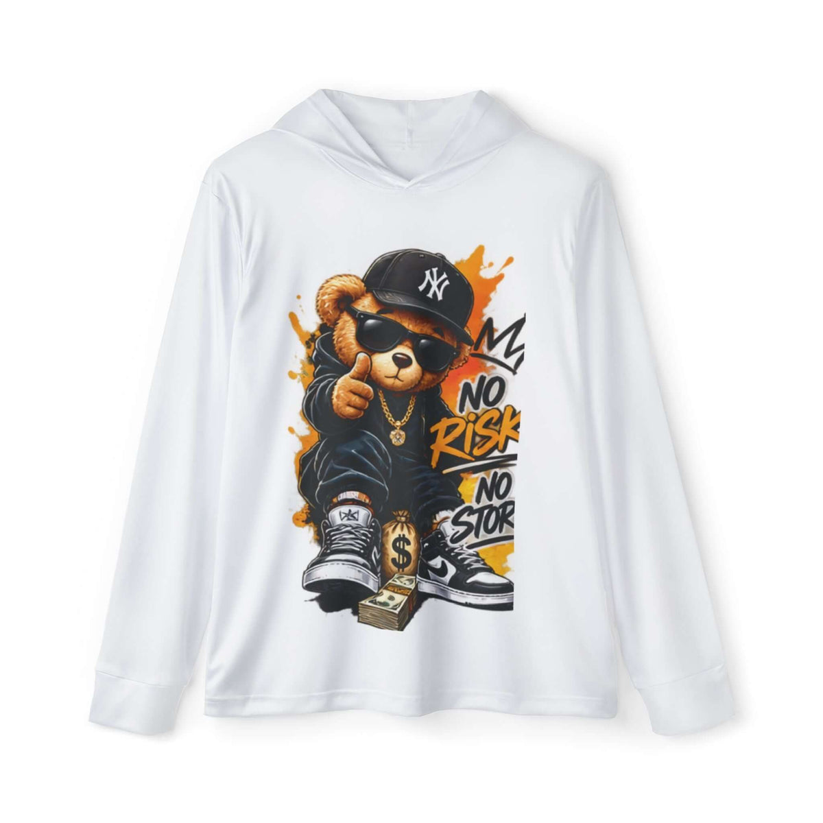 Men's Hoodie — 'No Risk No Story' Streetwear Teddy Bear Graphic featuring teddy bear design and vibrant orange accents.