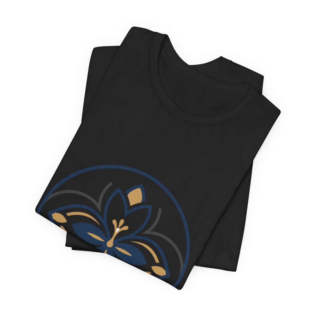 Floral Mandala Tee — Elegant Navy & Gold Lotus Graphic T-Shirt