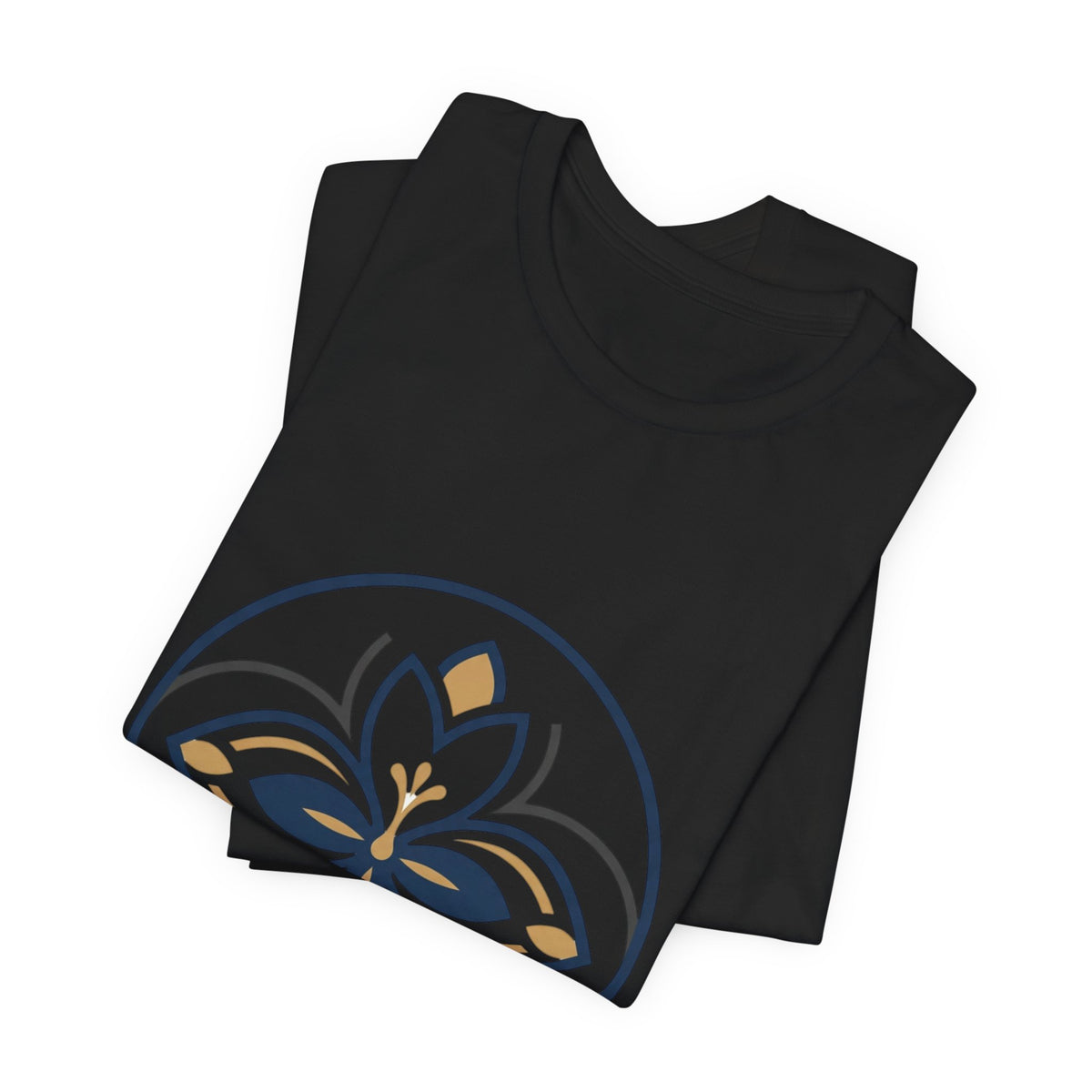 Floral Mandala Tee — Elegant Navy & Gold Lotus Graphic T-Shirt