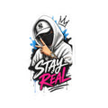 Custom kiss-cut stickers featuring a stylish graphic with the text 'STAY REAL' and urban art elements.