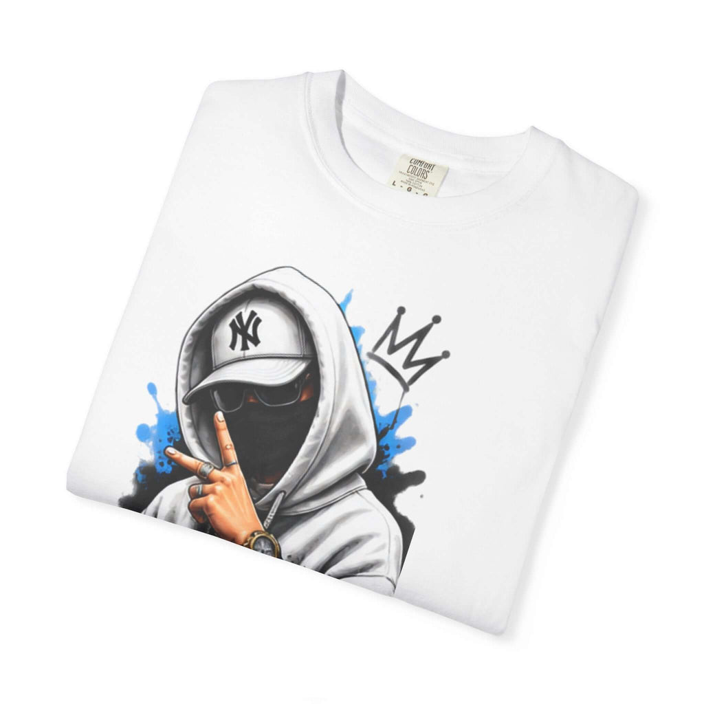 Close-up of a Unisex Garment-Dyed T-shirt with a graphic design featuring a masked figure.