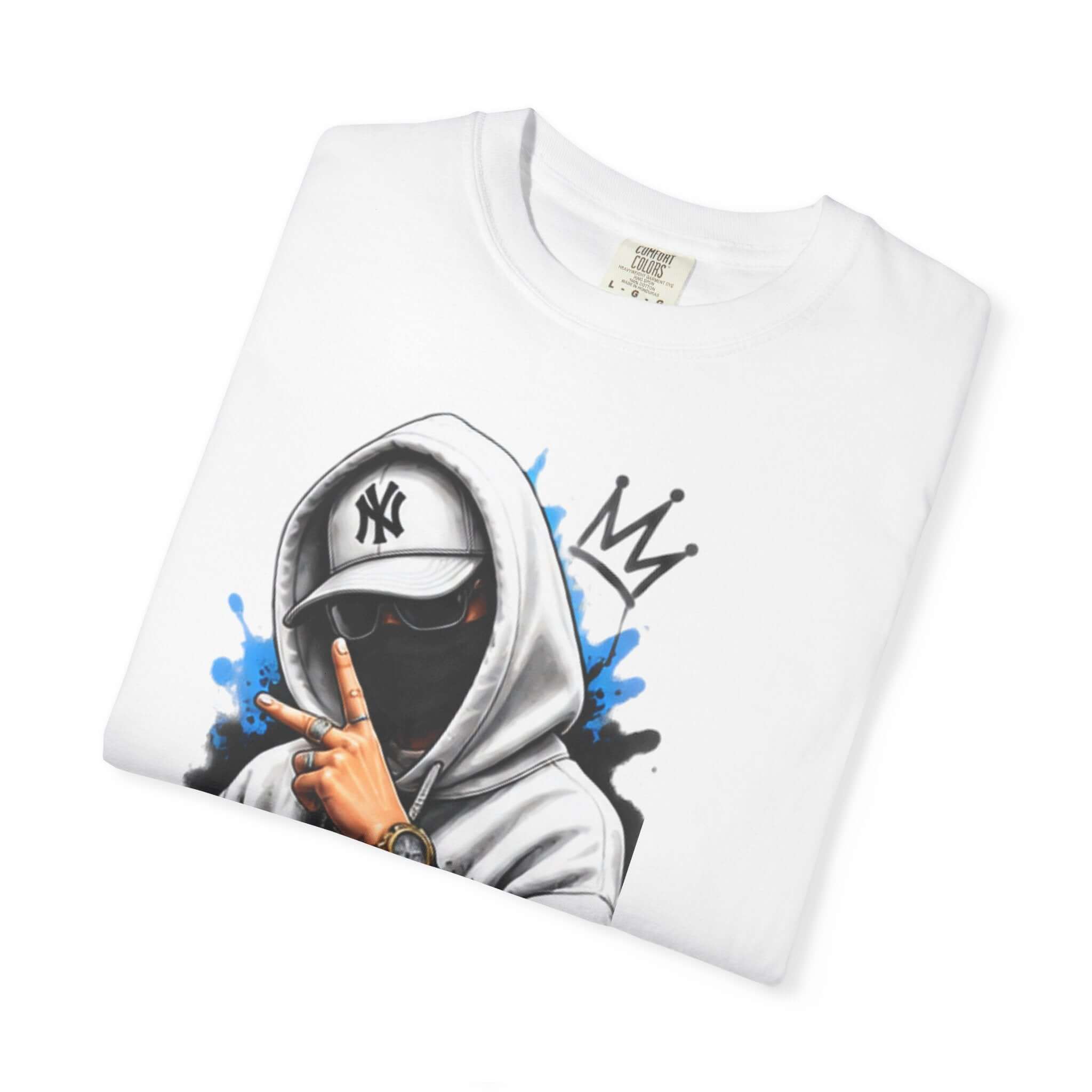 Close-up of a Unisex Garment-Dyed T-shirt with a graphic design featuring a masked figure.