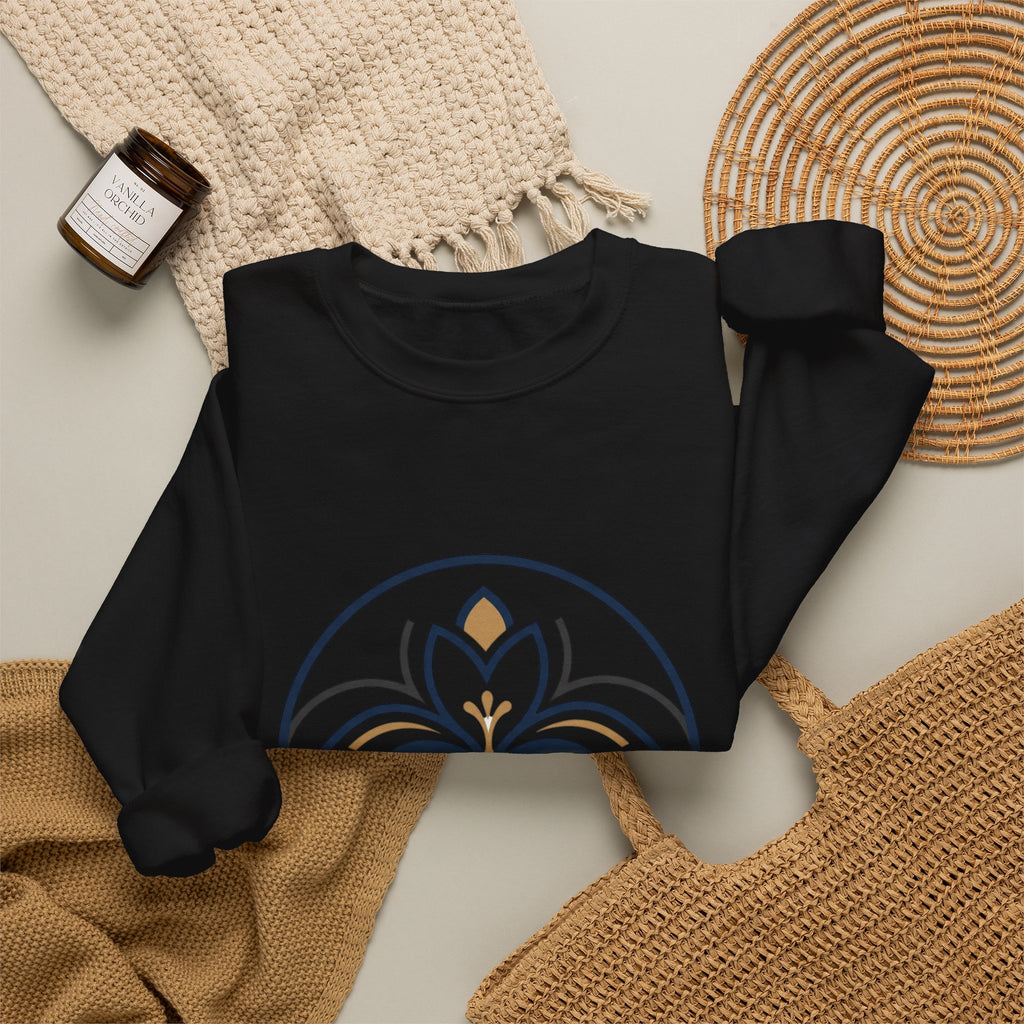 Floral Mandala Crewneck Sweatshirt — Elegant Navy & Gold Geometric Flower Design