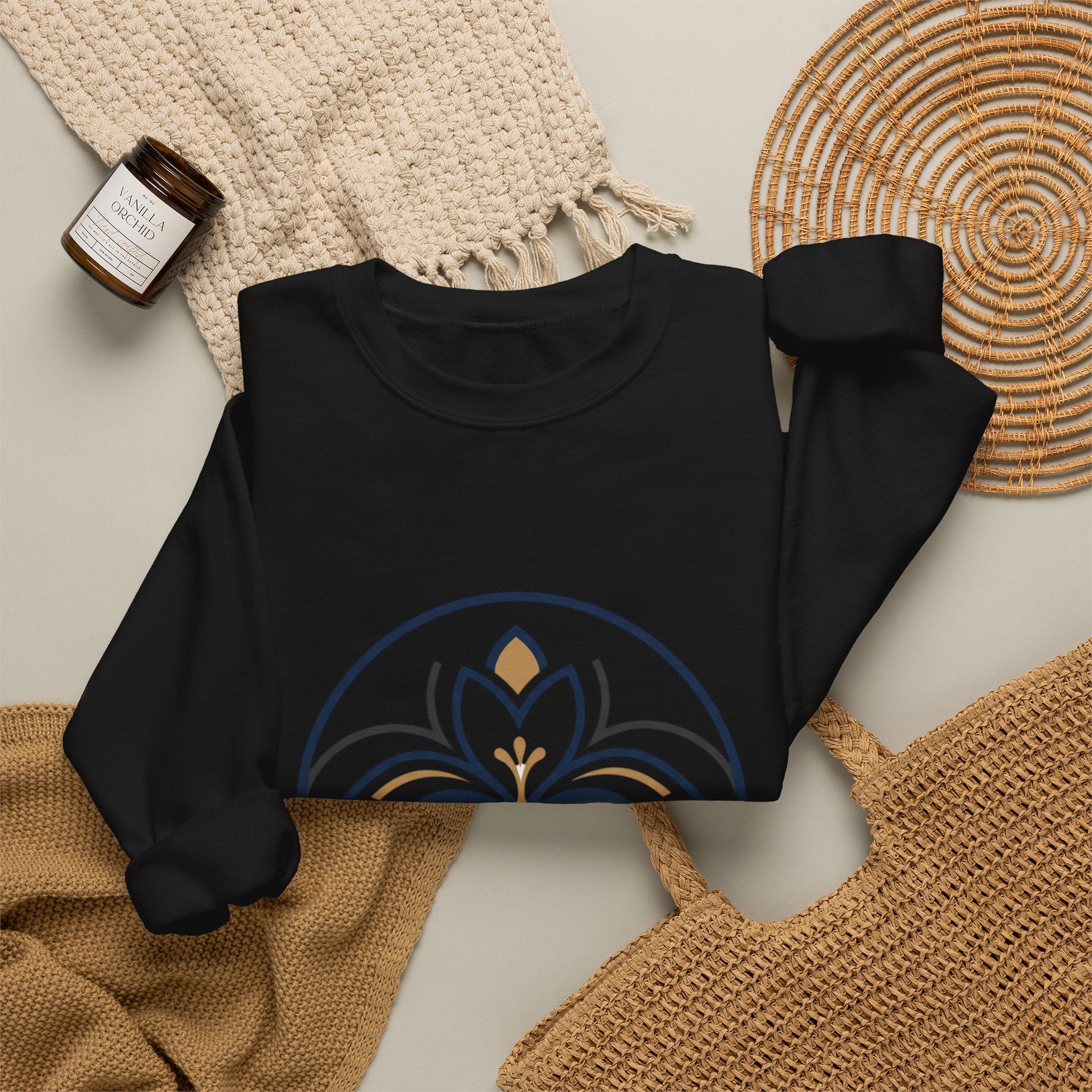 Floral Mandala Crewneck Sweatshirt — Elegant Navy & Gold Geometric Flower Design