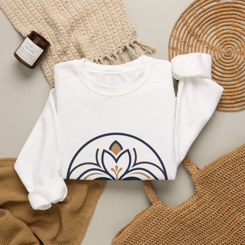 Floral Mandala Crewneck Sweatshirt — Elegant Navy & Gold Geometric Flower Design