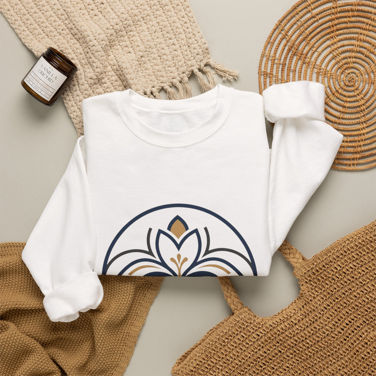 Floral Mandala Crewneck Sweatshirt — Elegant Navy & Gold Geometric Flower Design