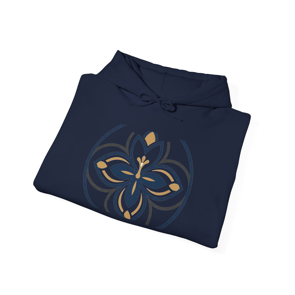 Minimalist Floral Mandala Hoodie — Navy & Gold Geometric Flower Design