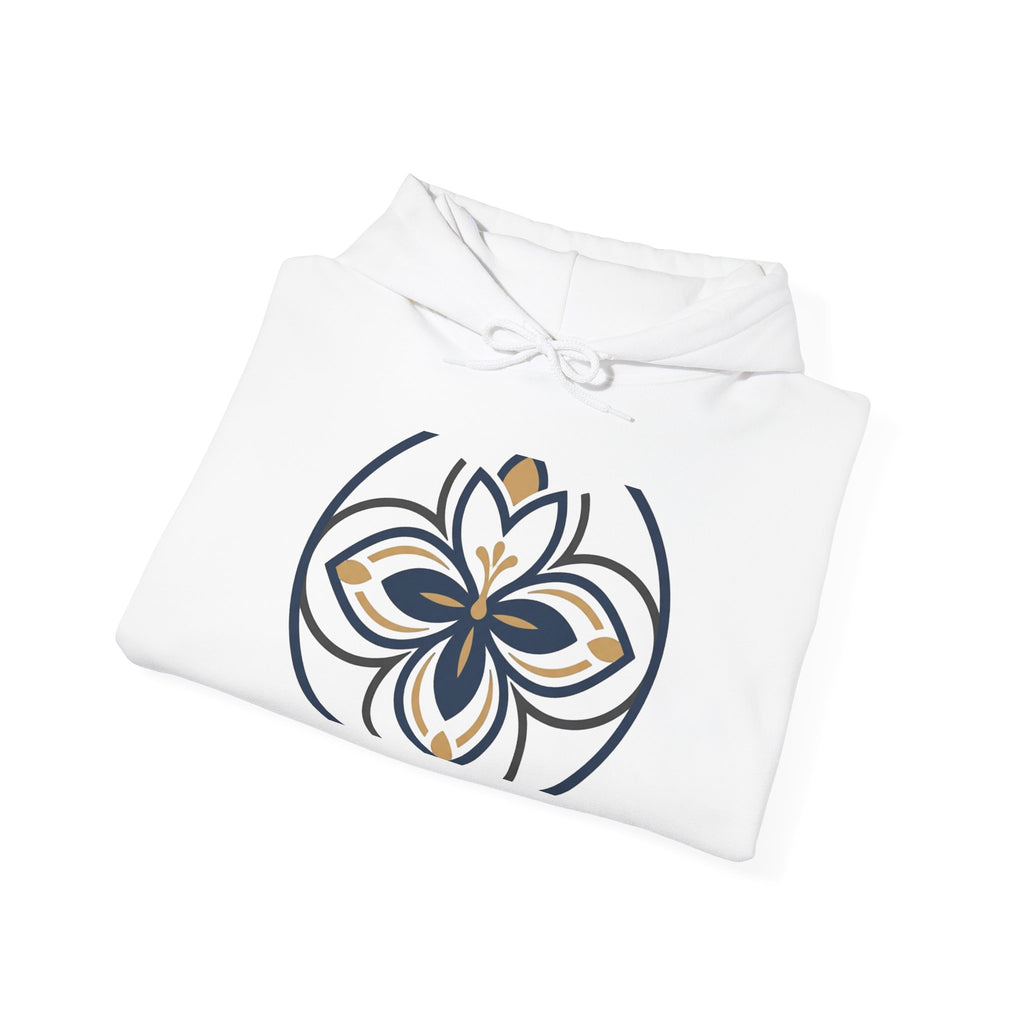 Minimalist Floral Mandala Hoodie — Navy & Gold Geometric Flower Design