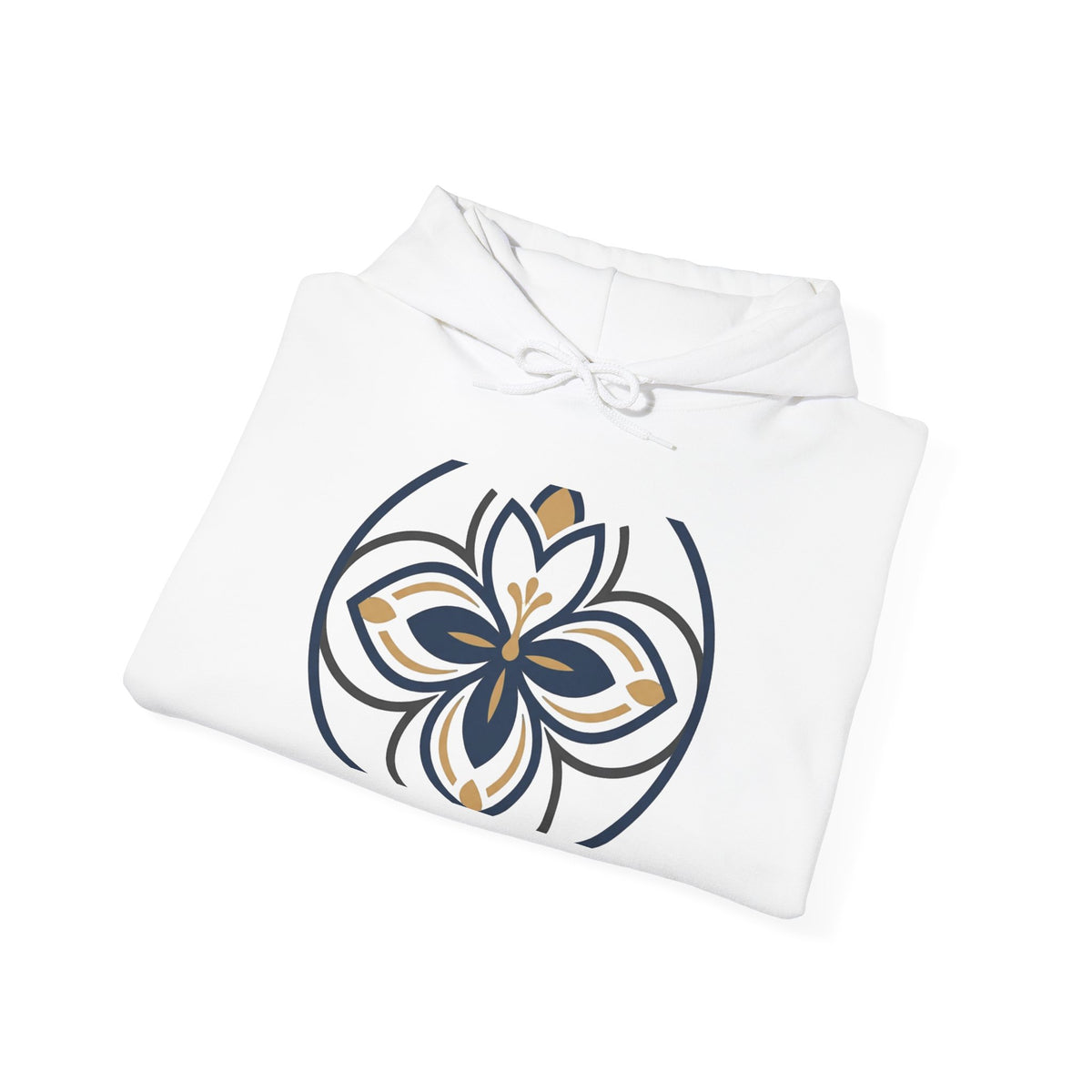 Minimalist Floral Mandala Hoodie — Navy & Gold Geometric Flower Design