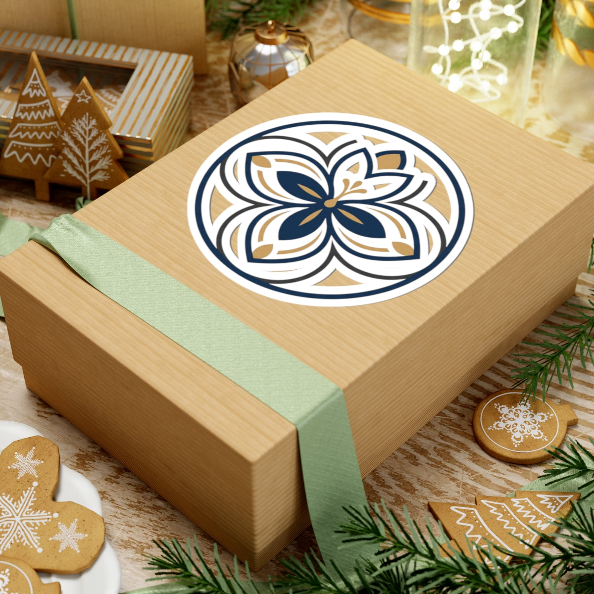 Floral Mandala Kiss-Cut Sticker — Navy & Gold Decorative Vinyl