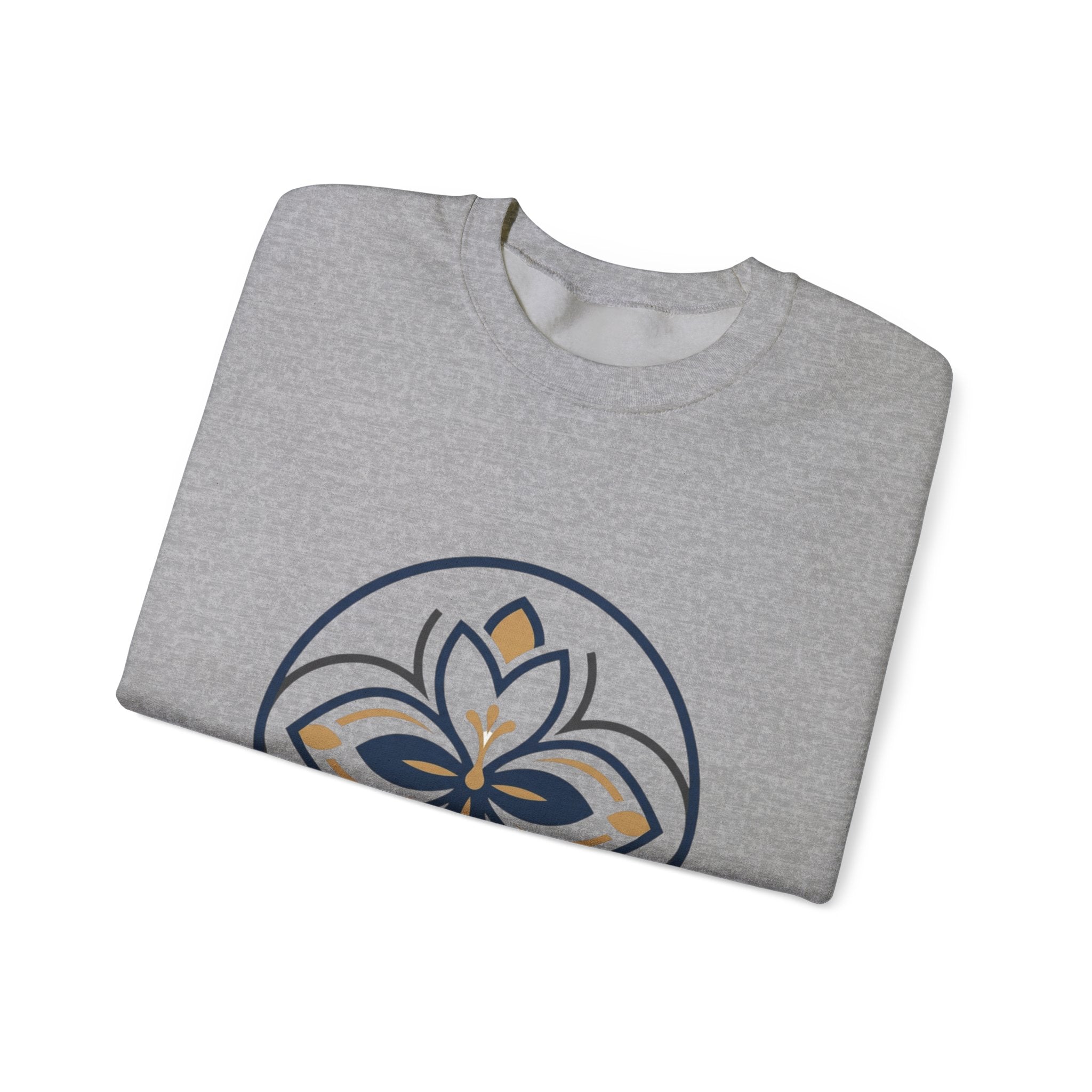 Floral Mandala Crewneck Sweatshirt — Elegant Navy & Gold Geometric Flower Design