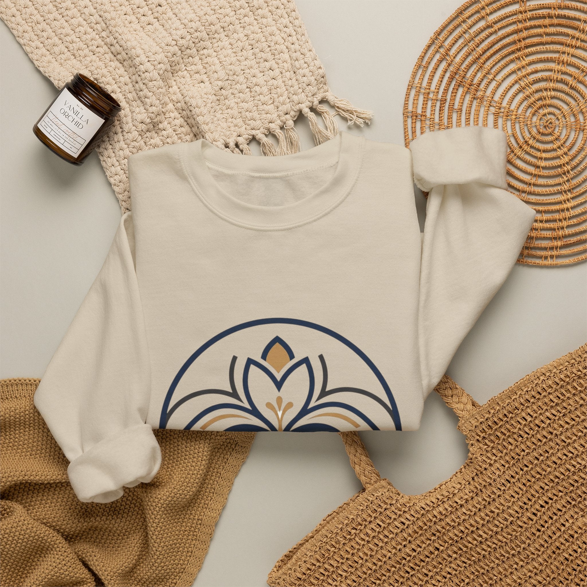 Floral Mandala Crewneck Sweatshirt — Elegant Navy & Gold Geometric Flower Design