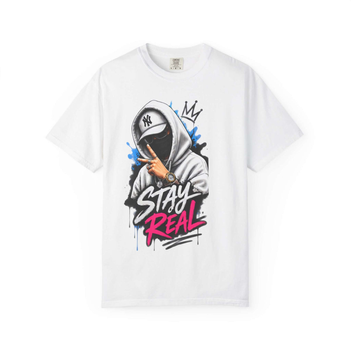 Unisex Garment-Dyed T-shirt in white featuring a graphic design with the phrase 'STAY REAL' and a stylized character.