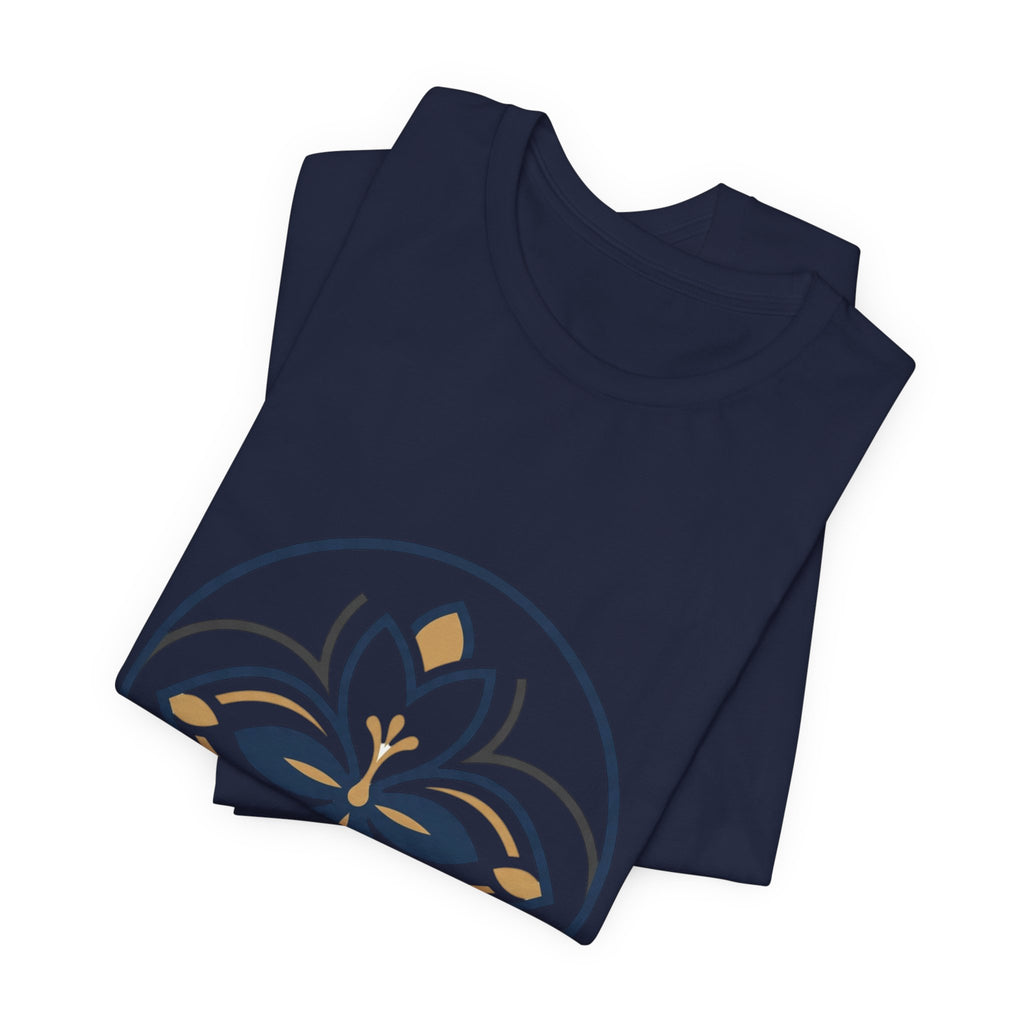 Floral Mandala Tee — Elegant Navy & Gold Lotus Graphic T-Shirt