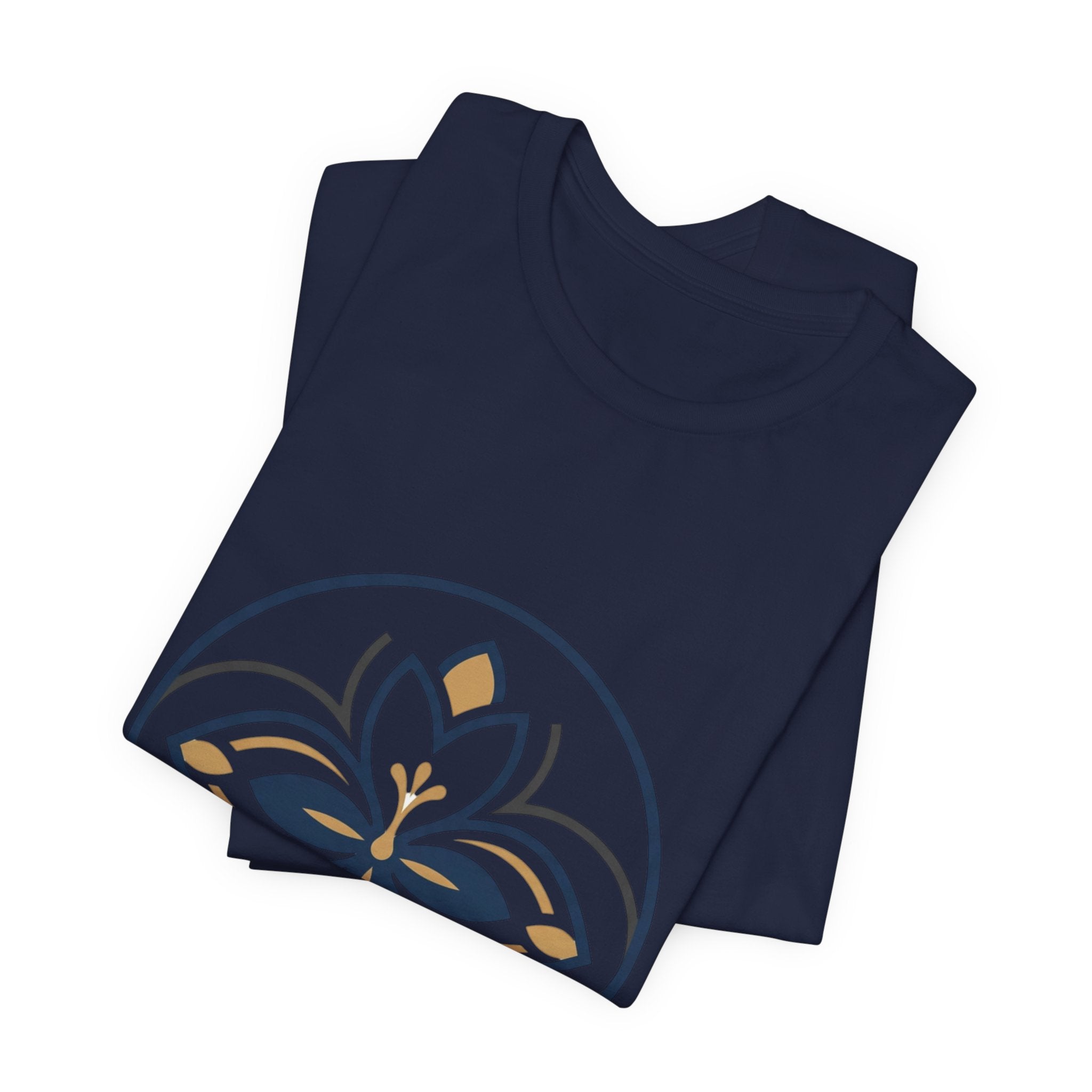 Floral Mandala Tee — Elegant Navy & Gold Lotus Graphic T-Shirt