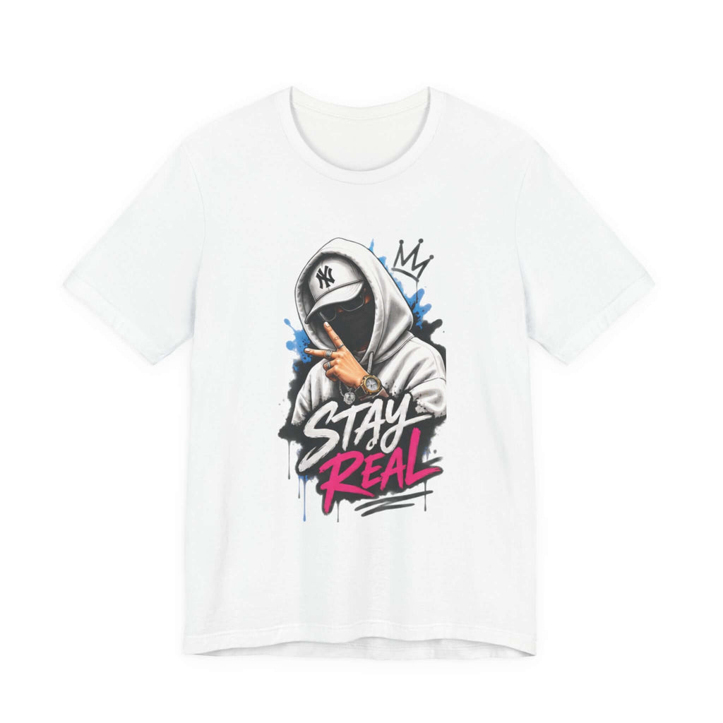 Unisex short sleeve tee featuring a graffiti-style graphic with the text 'Stay Real' on a white background.