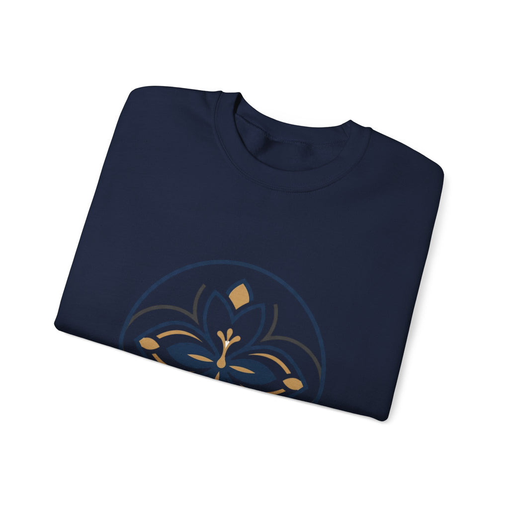 Floral Mandala Crewneck Sweatshirt — Elegant Navy & Gold Geometric Flower Design