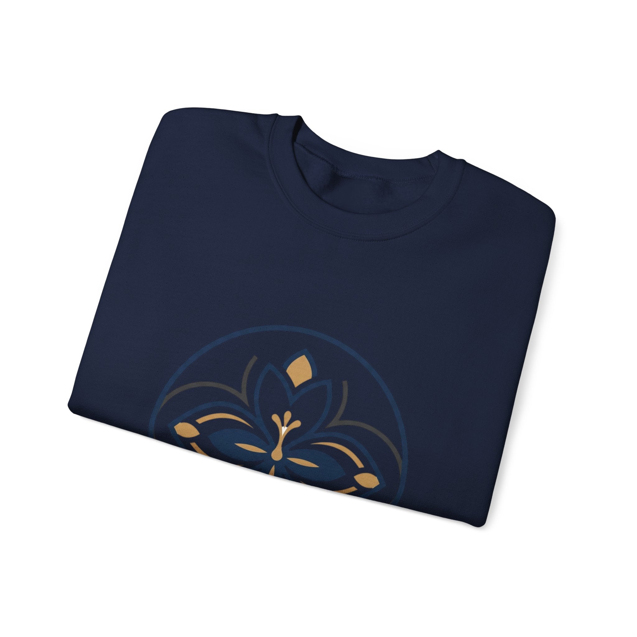 Floral Mandala Crewneck Sweatshirt — Elegant Navy & Gold Geometric Flower Design