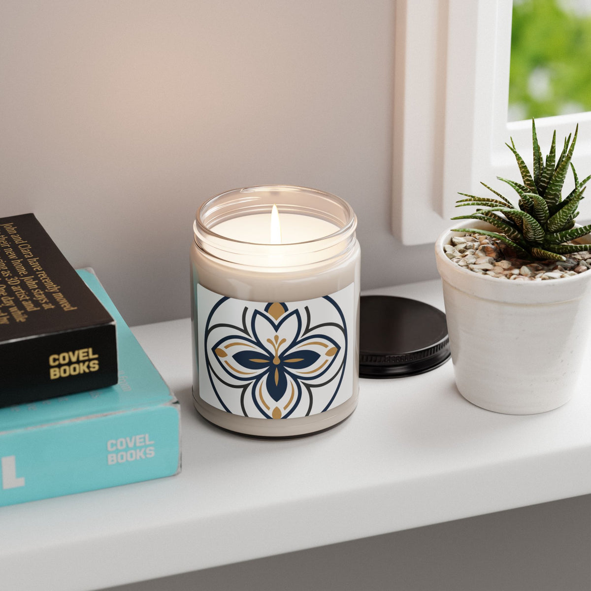 9oz Floral Soy Candle — Navy & Gold Mandala Scented Jar