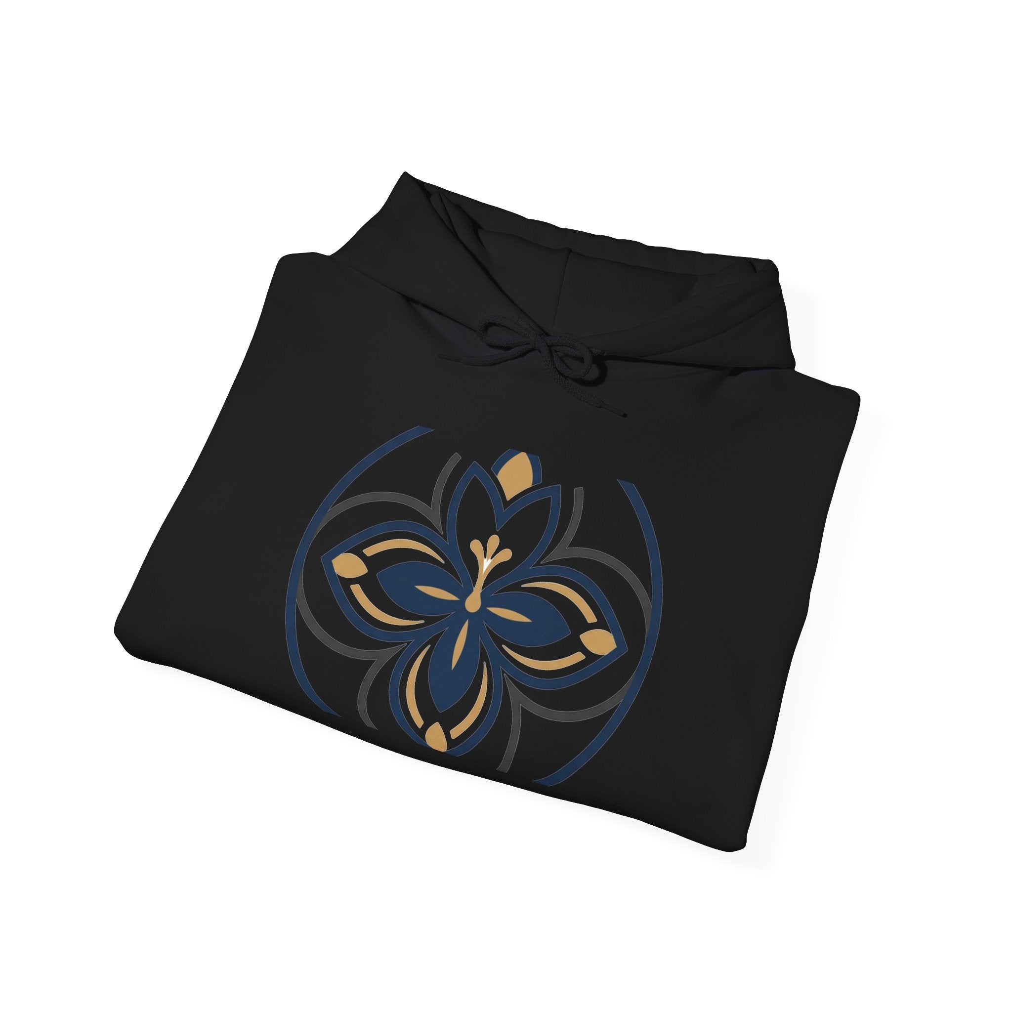 Minimalist Floral Mandala Hoodie — Navy & Gold Geometric Flower Design