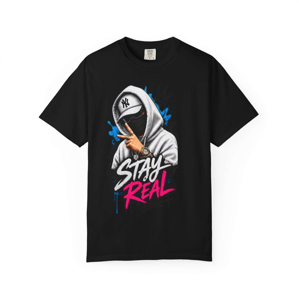 Unisex Garment-Dyed T-shirt in black featuring a graphic design with the text 'STAY REAL'.