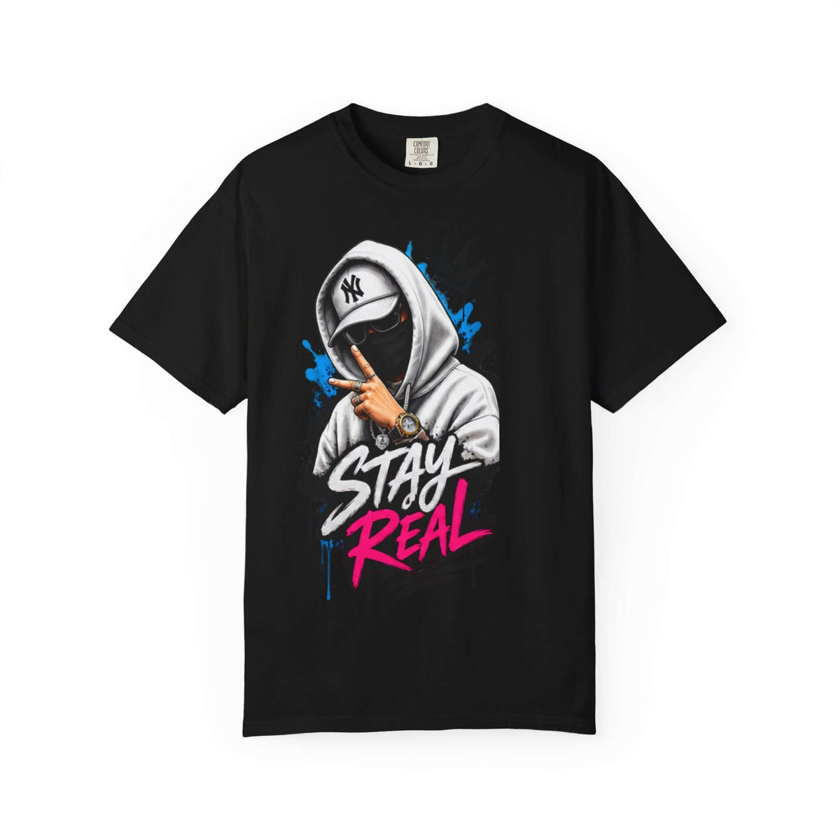 Unisex Garment-Dyed T-shirt in black featuring a graphic design with the text 'STAY REAL'.