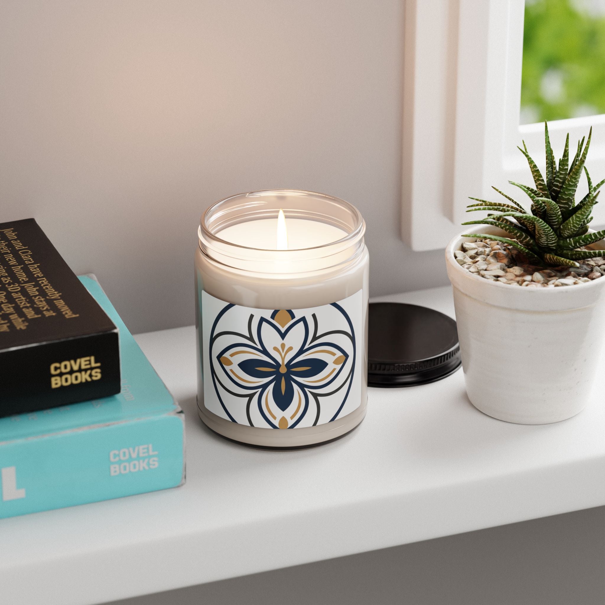 9oz Floral Soy Candle — Navy & Gold Mandala Scented Jar