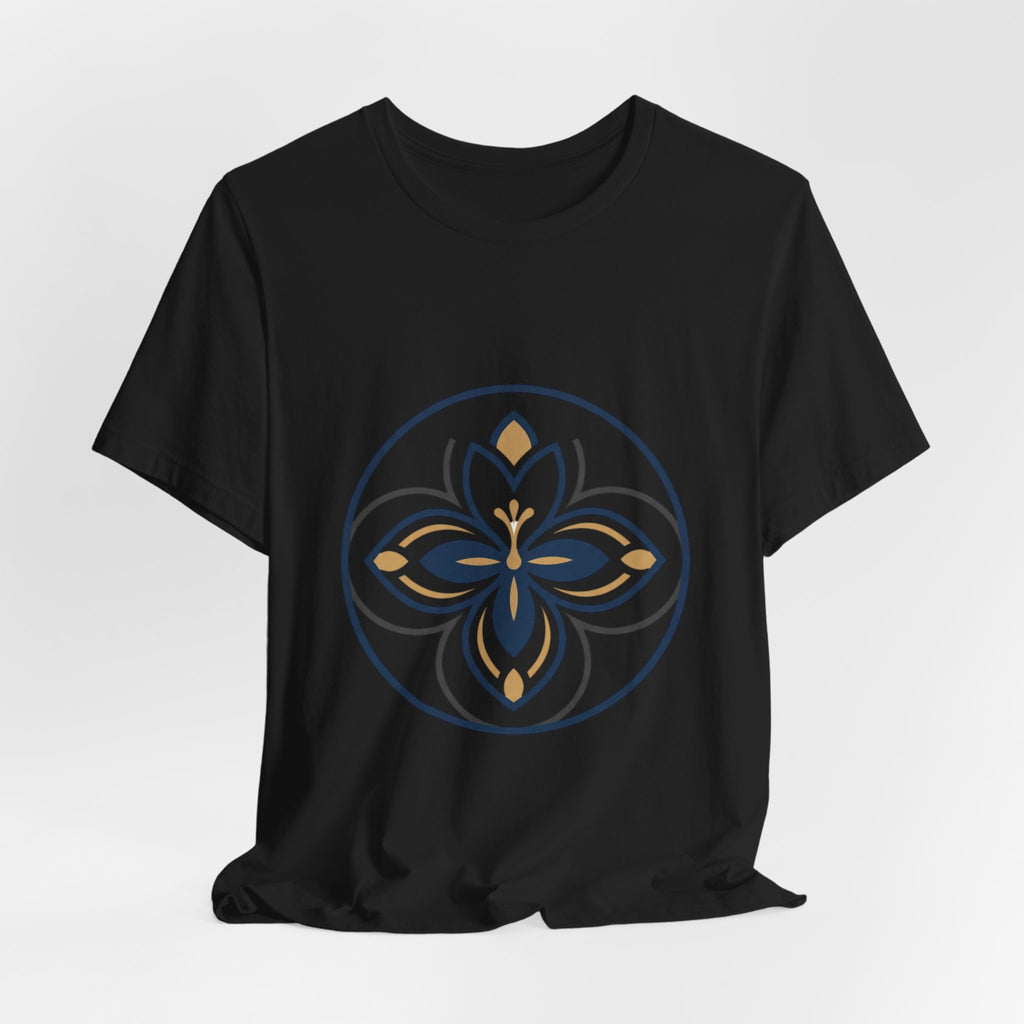 Floral Mandala Tee — Elegant Navy & Gold Lotus Graphic T-Shirt