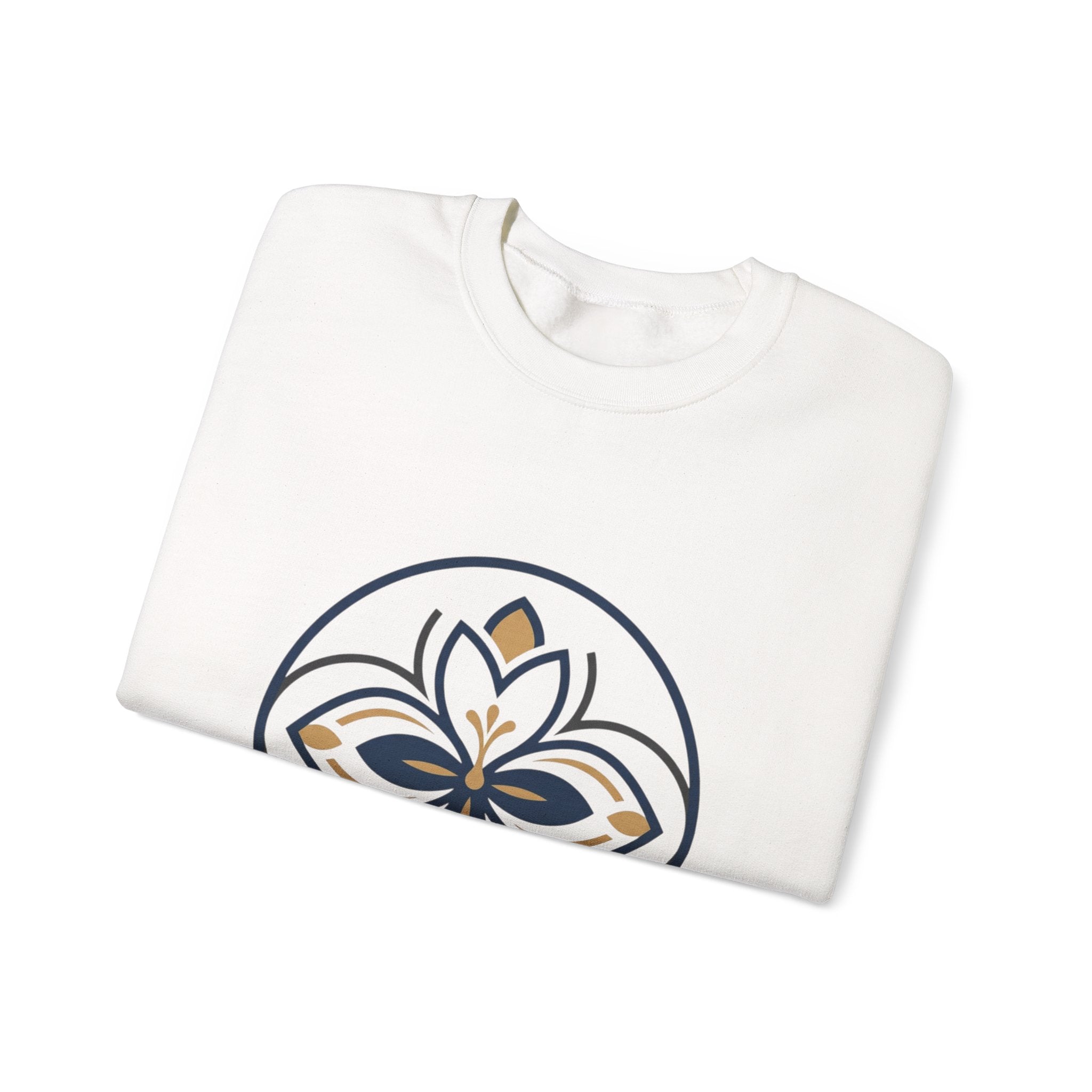 Floral Mandala Crewneck Sweatshirt — Elegant Navy & Gold Geometric Flower Design