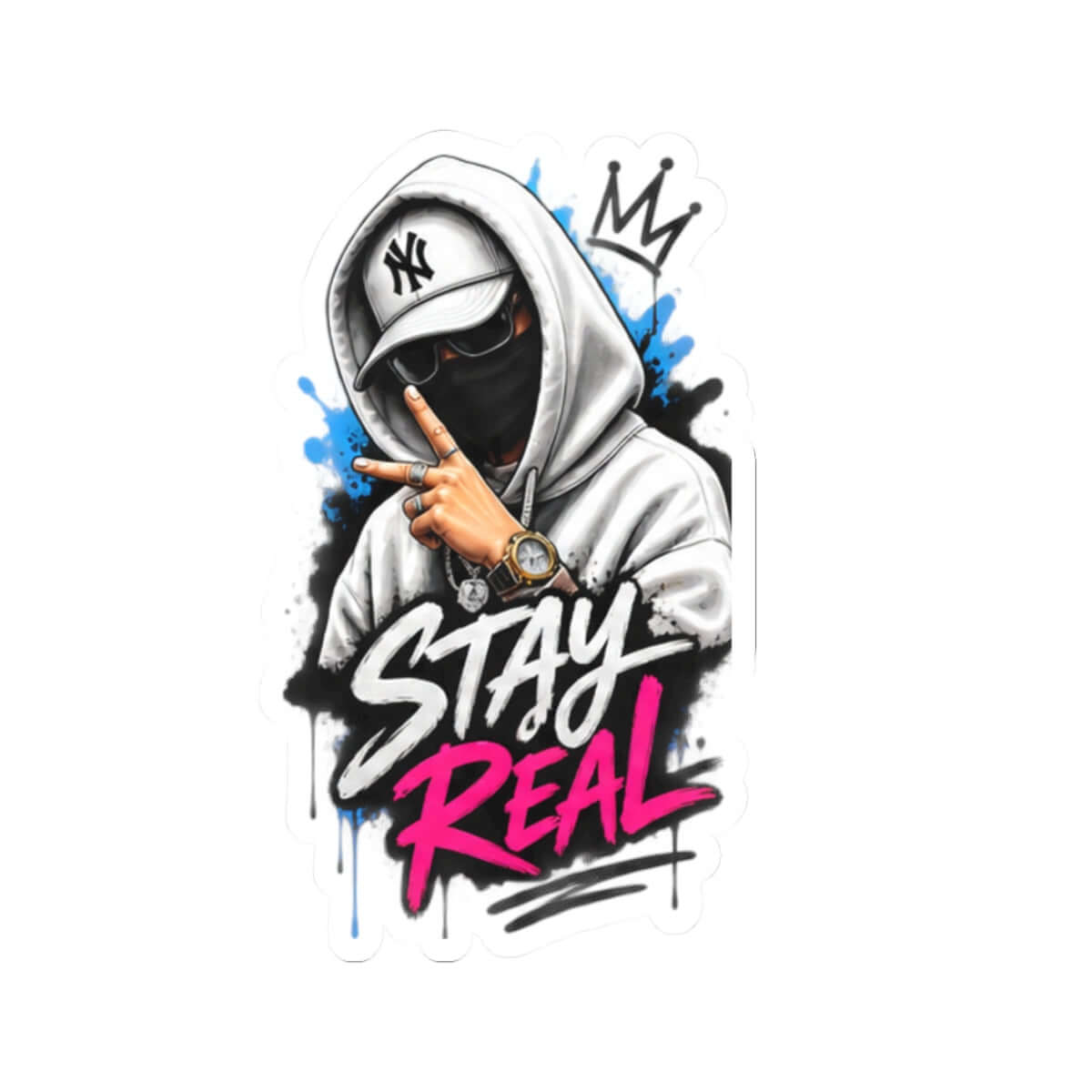 Custom kiss-cut stickers featuring a stylish masked figure with the phrase 'STAY REAL' in vibrant colors.