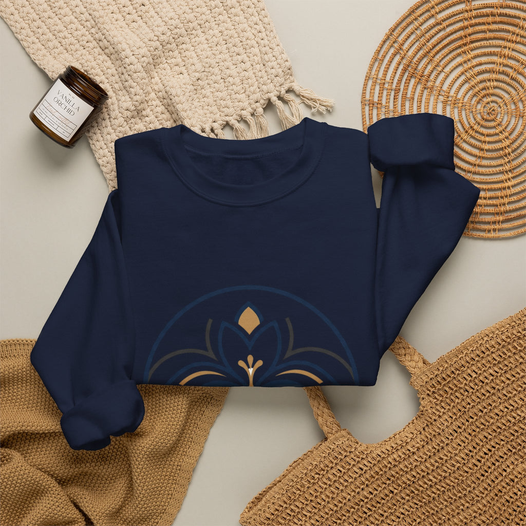 Floral Mandala Crewneck Sweatshirt — Elegant Navy & Gold Geometric Flower Design