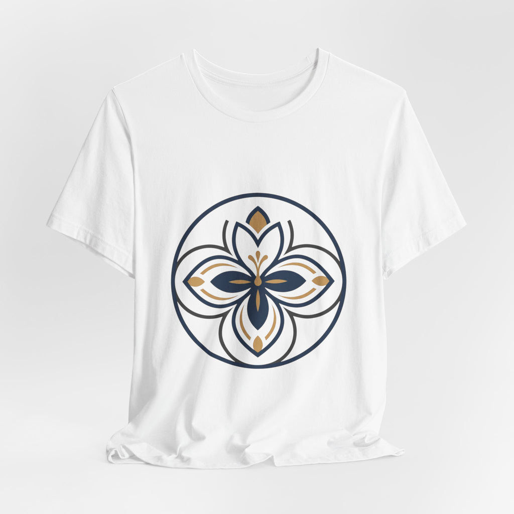 Floral Mandala Tee — Elegant Navy & Gold Lotus Graphic T-Shirt