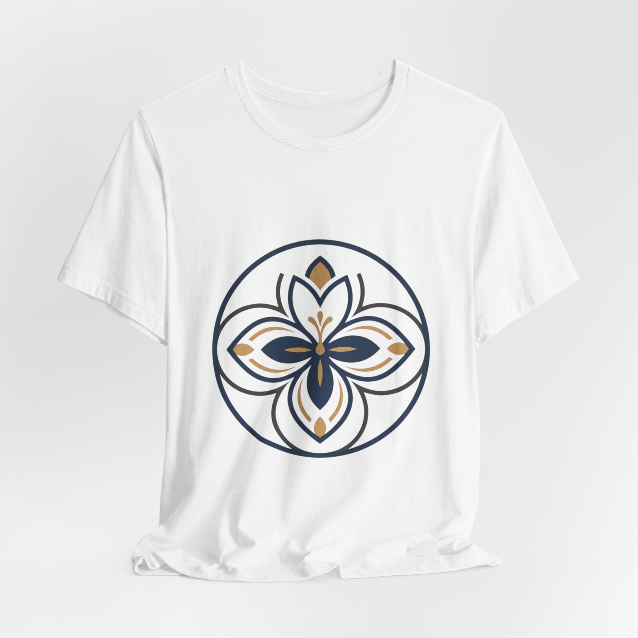 Floral Mandala Tee — Elegant Navy & Gold Lotus Graphic T-Shirt