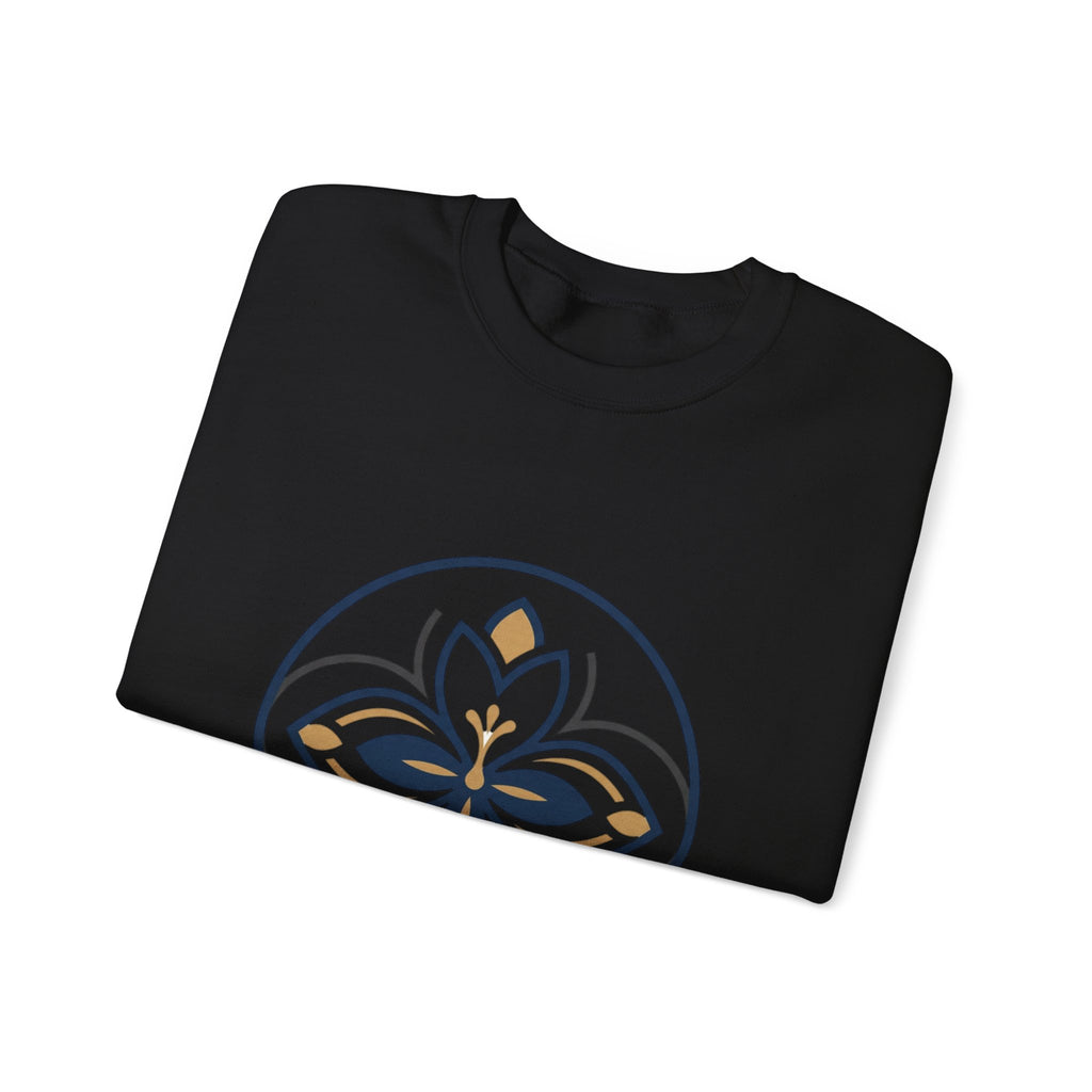 Floral Mandala Crewneck Sweatshirt — Elegant Navy & Gold Geometric Flower Design