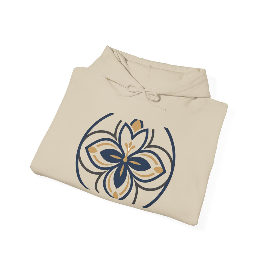 Minimalist Floral Mandala Hoodie — Navy & Gold Geometric Flower Design