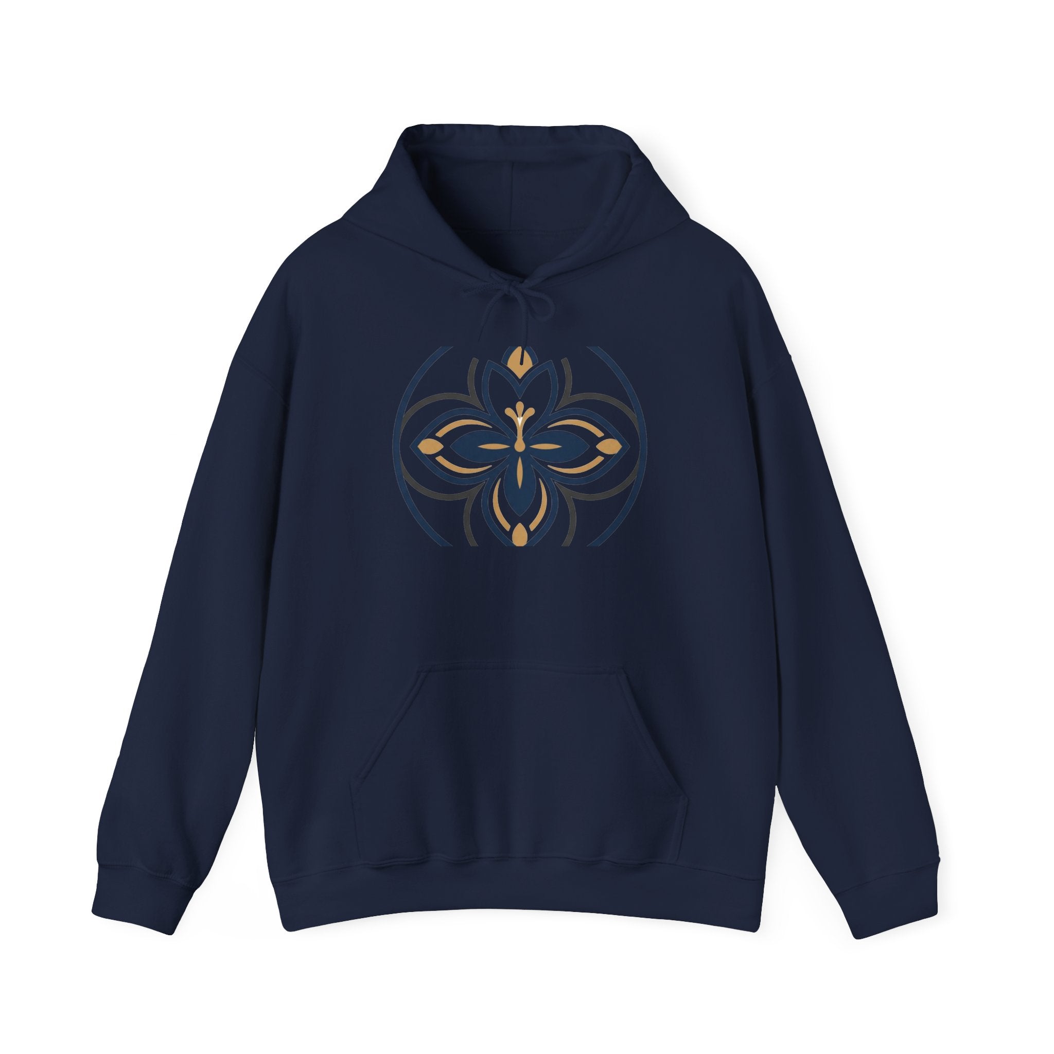 Minimalist Floral Mandala Hoodie — Navy & Gold Geometric Flower Design