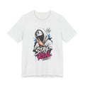 Unisex short sleeve tee with a graphic design of a person in a hoodie and the text 'STAY REAL'.