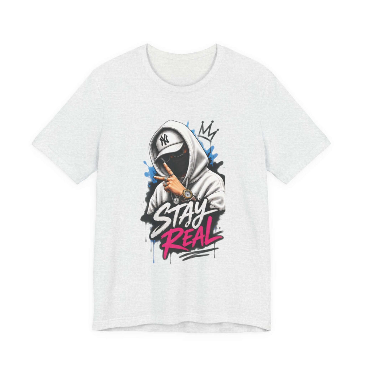 Unisex short sleeve tee with a graphic design of a person in a hoodie and the text 'STAY REAL'.