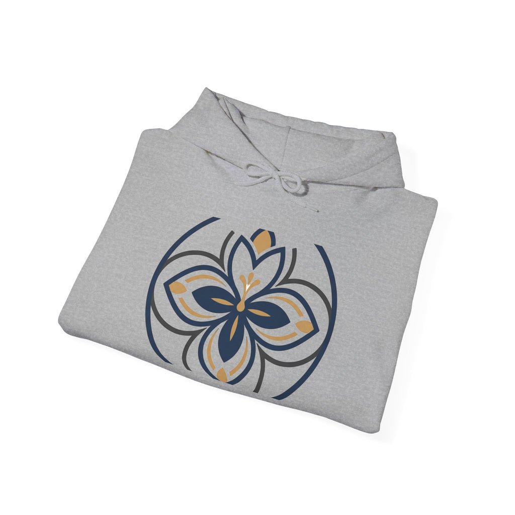 Minimalist Floral Mandala Hoodie — Navy & Gold Geometric Flower Design
