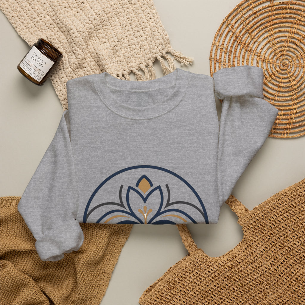 Floral Mandala Crewneck Sweatshirt — Elegant Navy & Gold Geometric Flower Design