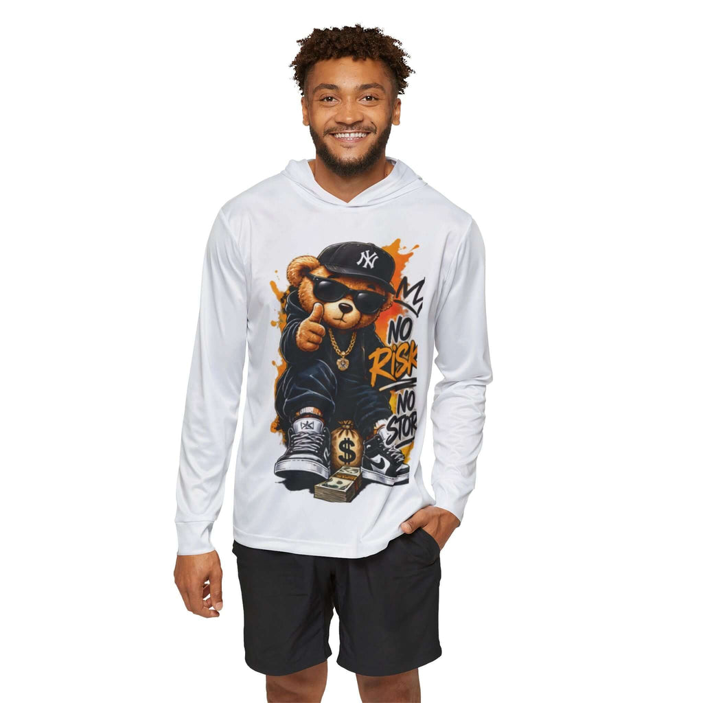 Men's Hoodie — 'No Risk No Story' Streetwear Teddy Bear Graphic worn by a model, featuring urban art design.