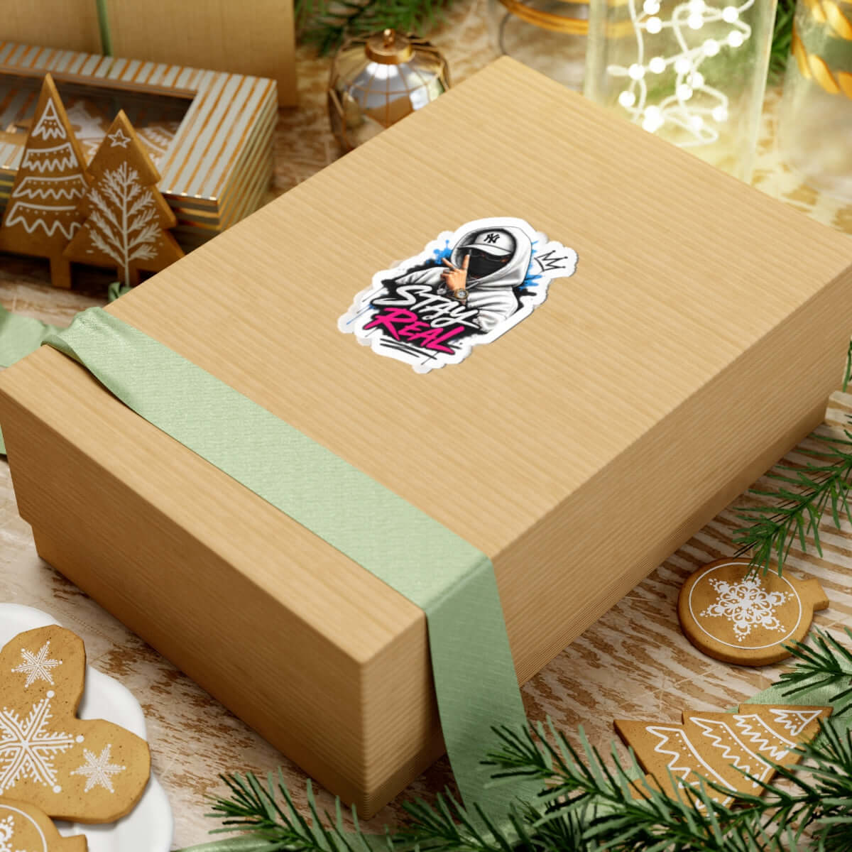 Custom kiss-cut stickers on a beautifully wrapped gift box with holiday decorations.