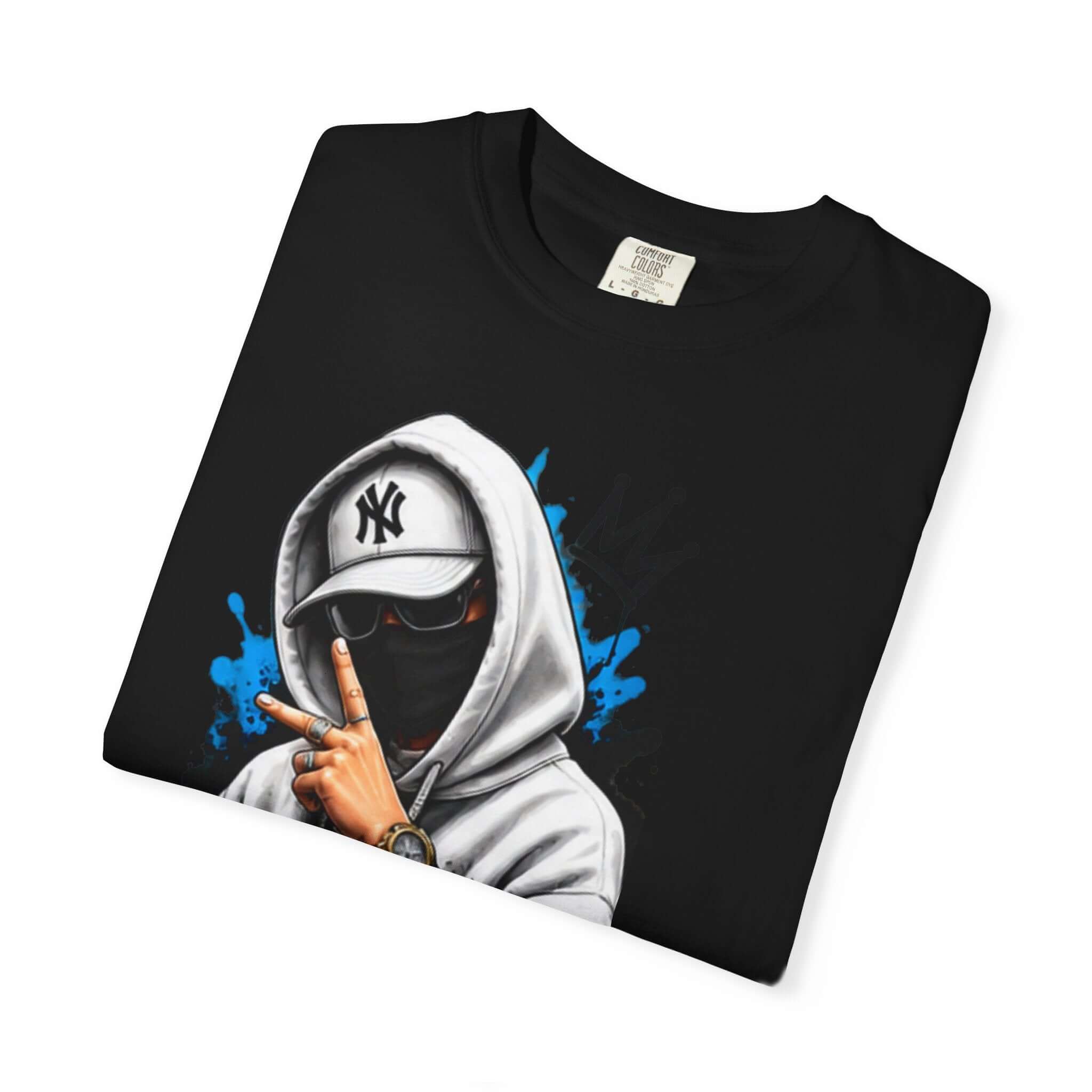 Unisex Garment-Dyed T-shirt featuring a graphic design of a person in a hoodie and baseball cap.