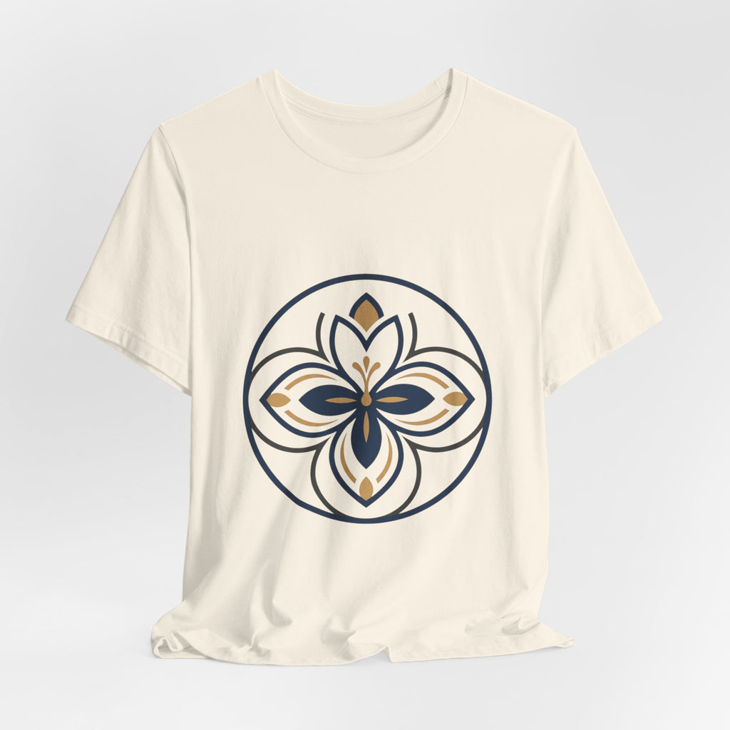 Floral Mandala Tee — Elegant Navy & Gold Lotus Graphic T-Shirt