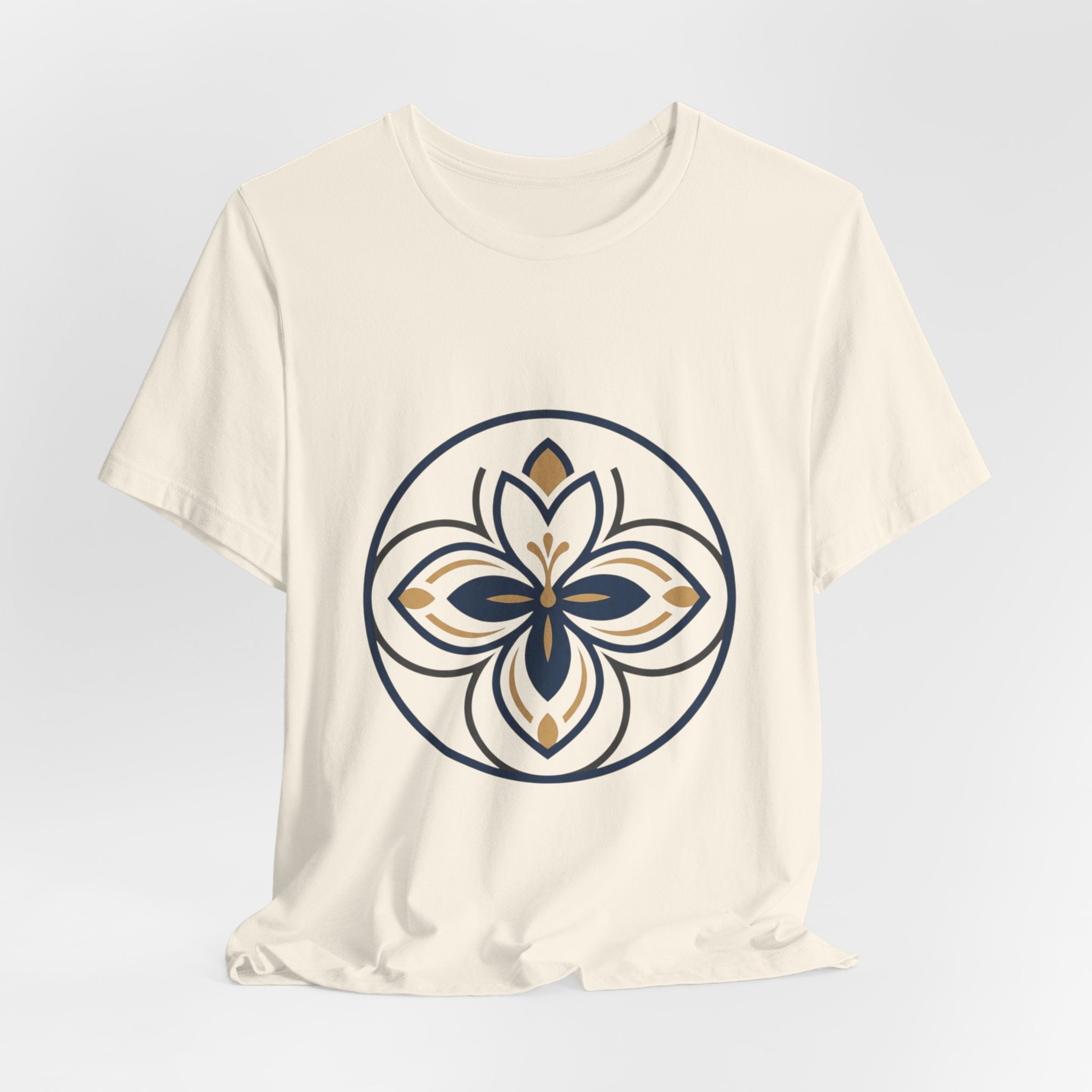 Floral Mandala Tee — Elegant Navy & Gold Lotus Graphic T-Shirt