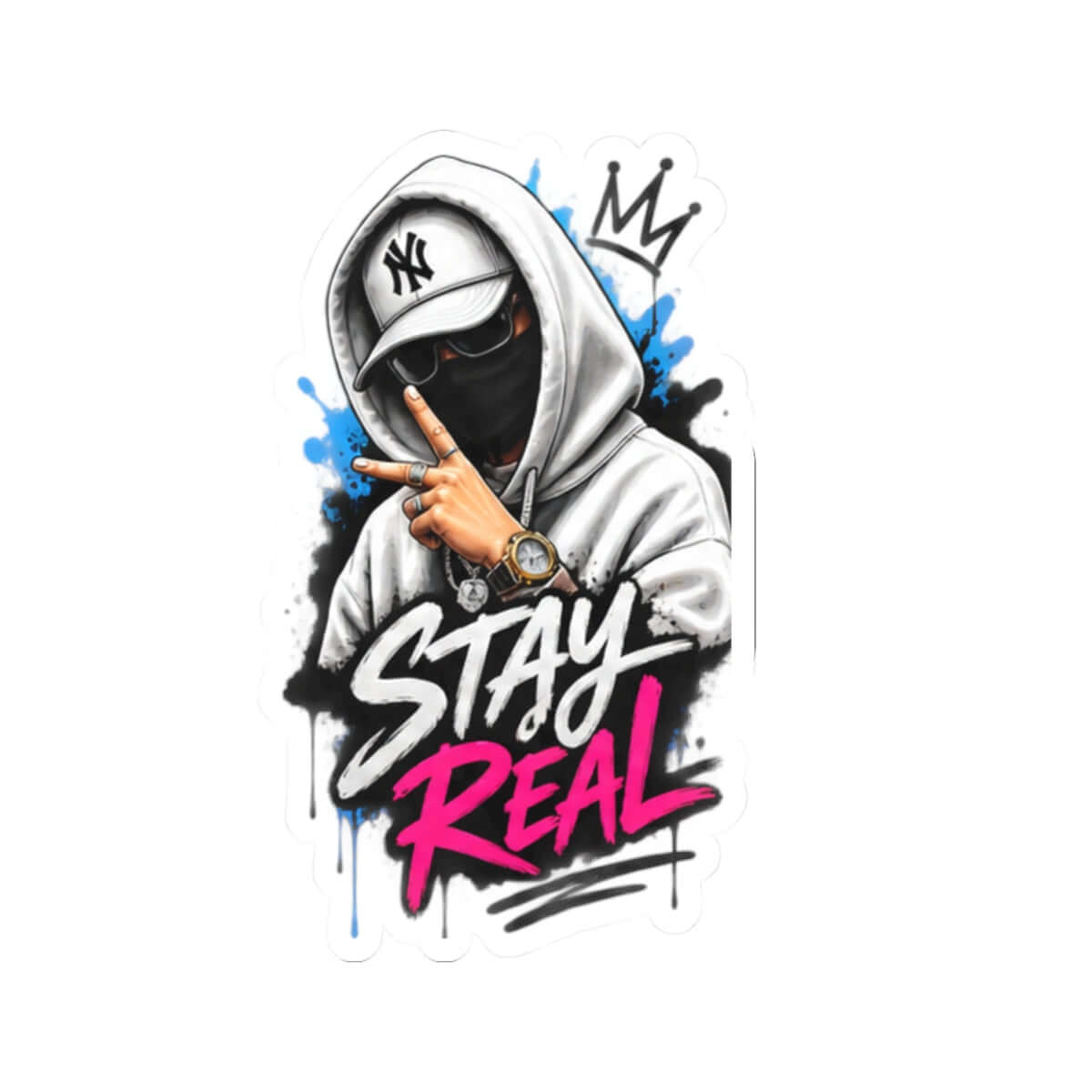 Custom kiss-cut stickers featuring an urban art style with the text 'STAY REAL' and a masked figure with a cap.