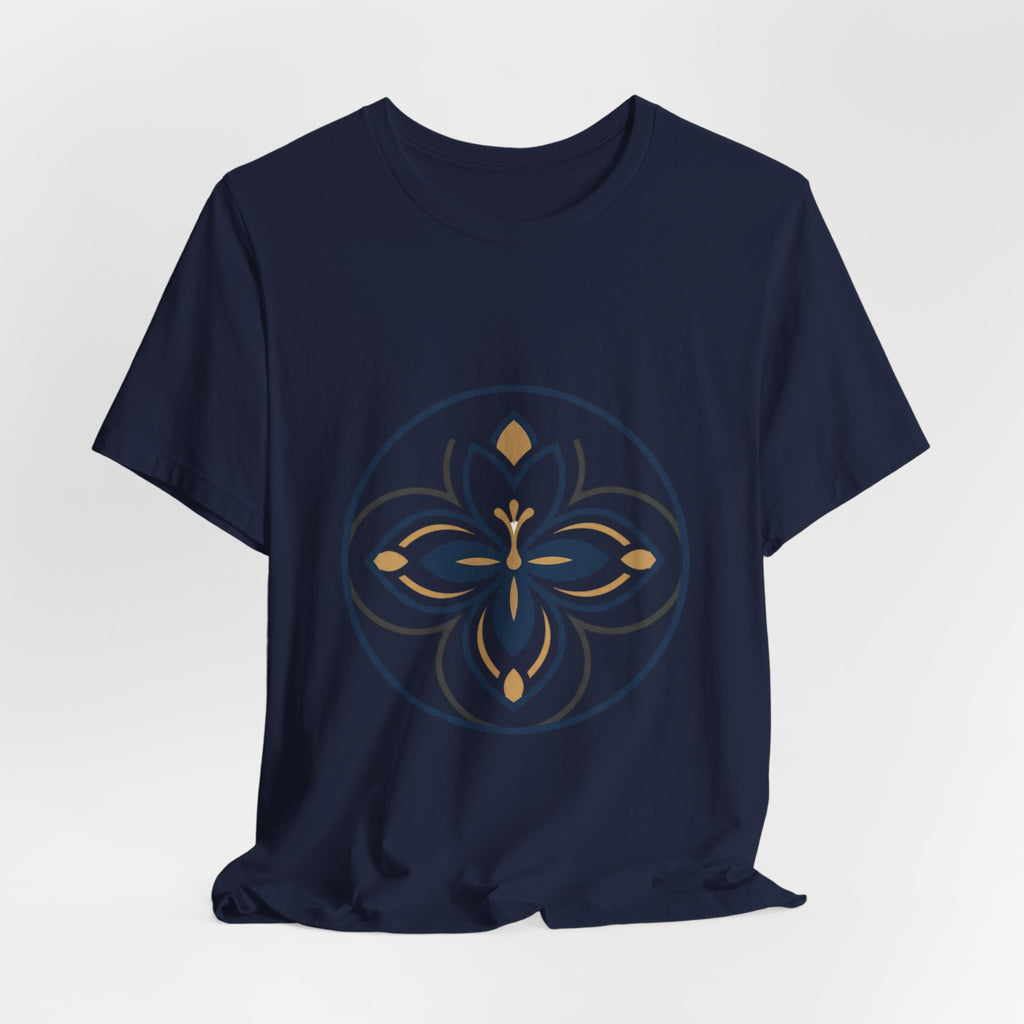 Floral Mandala Tee — Elegant Navy & Gold Lotus Graphic T-Shirt