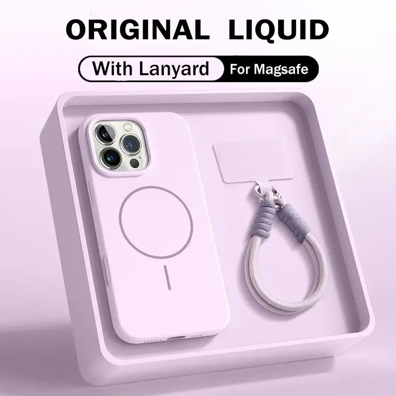 liquid silicone lanyard case iPhone 17 Pro Max shown in original packaging with lanyard for MagSafe.